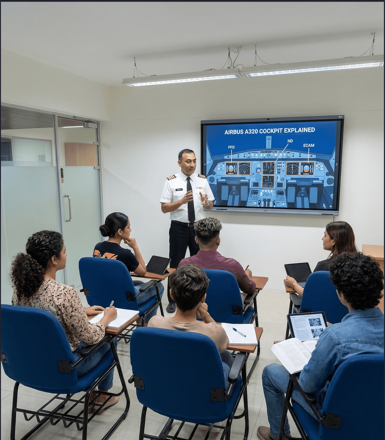 Gp capt saideep lall teaching a320 cockpit systems to students